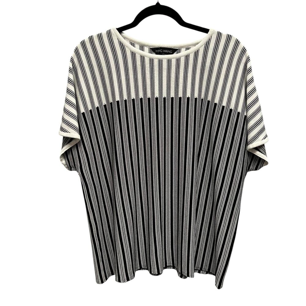 Ming Wang Black White Stripe Rayon Blend Short Sleeve Knit Top Womens Medium